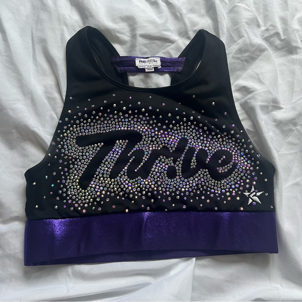 Rebel Athletic Black and Purple Rhinestone Sports Bra